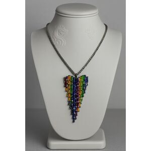 Gunmetal Rainbow Longated Baguette Glass Heart Statement Necklace Waterfall Bib